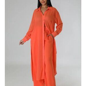 Orange Sheer Long Sleeves Pant Two piece